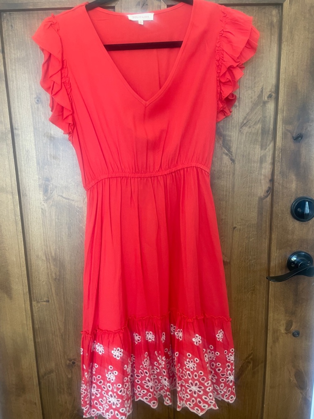 Solitaire Vibrant Red V-Neck Ruffle Sleeve Dress